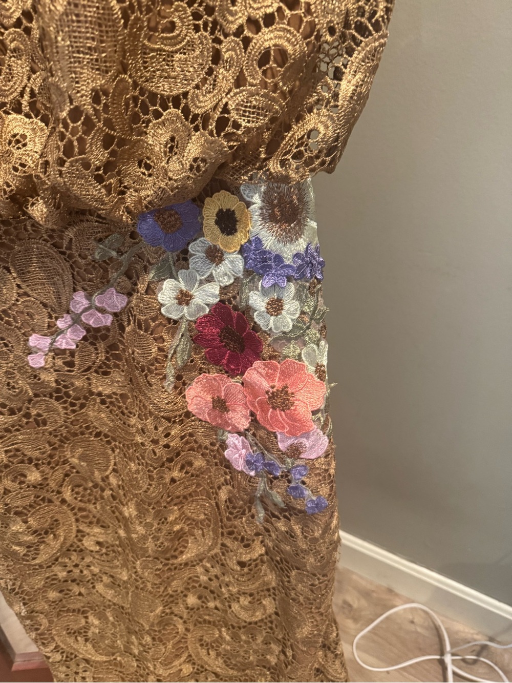 Gold Lace Evening Gown with Pink & Lavender Floral accents. Fall wedding guest - Picture 3 of 8